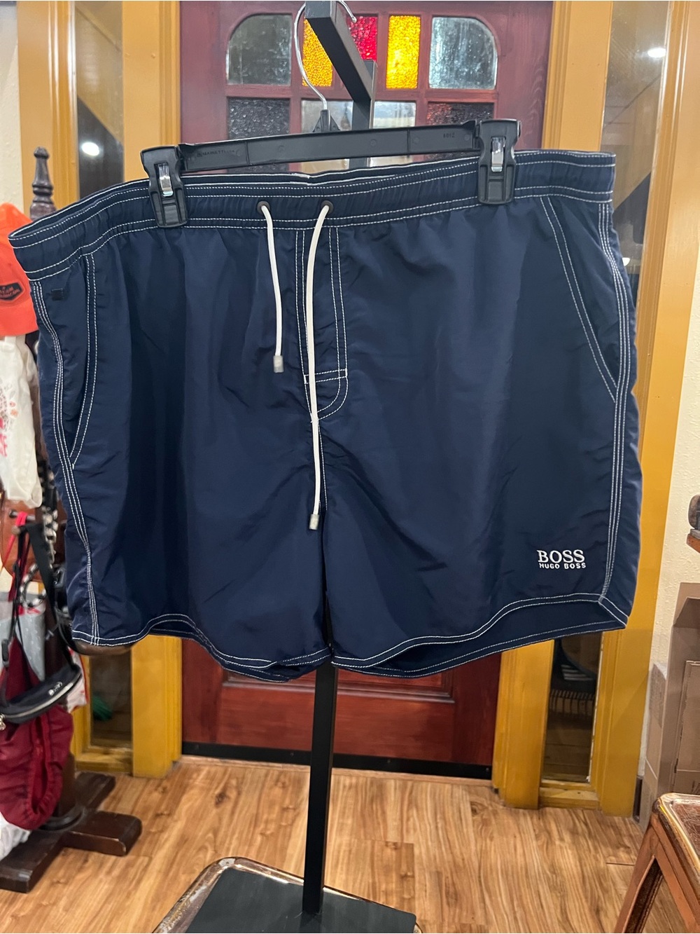 Hugo Boss Navy Blue Men’s Swim Trunks with Contrast Stitching
